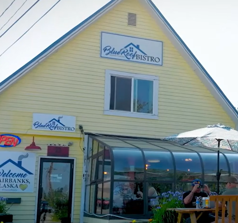 Blue Roof Bistro exterior and glass dining area in Fairbanks