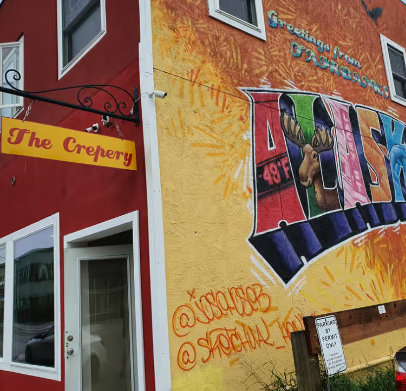 Colorful exterior of The Crepery in downtown Fairbanks