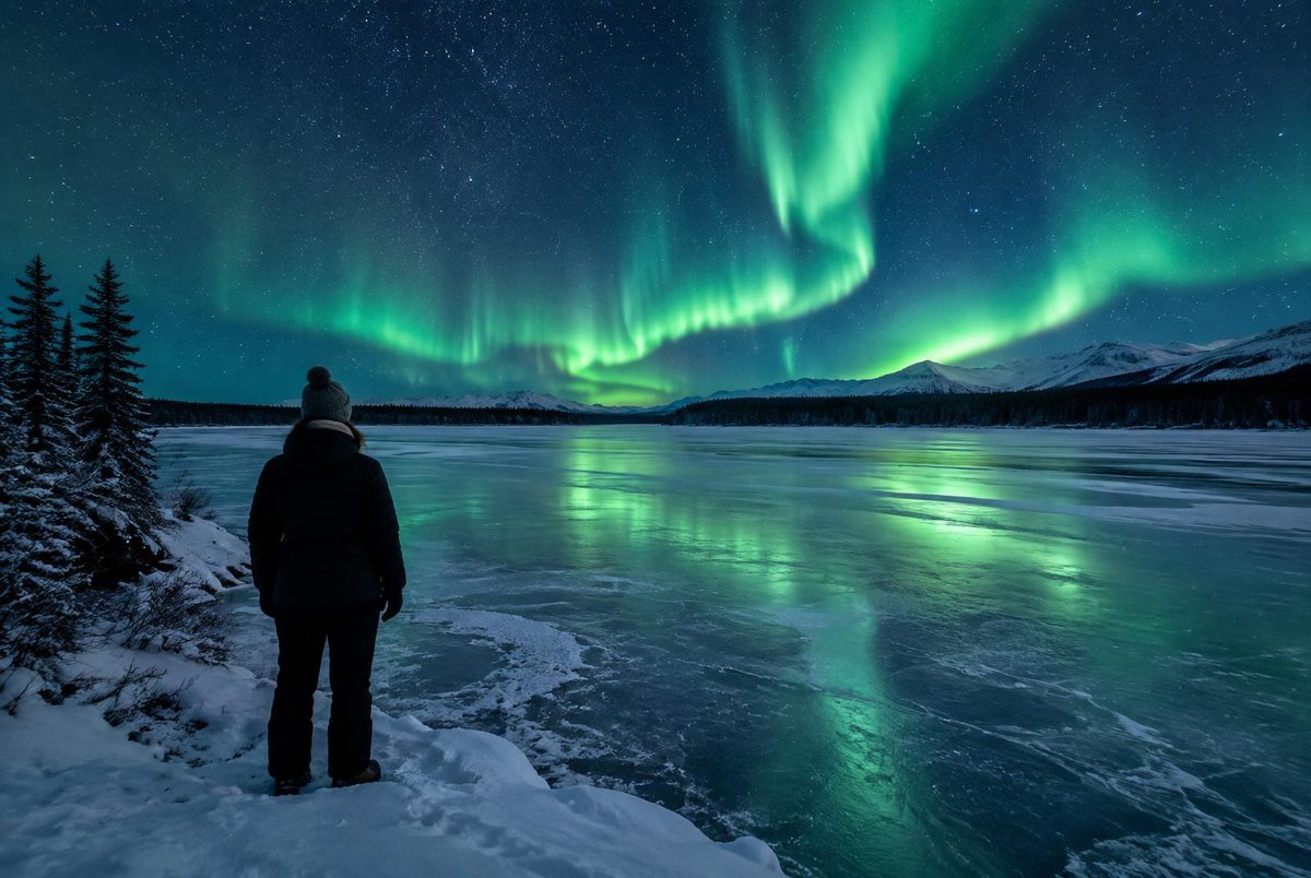 Watching the northern lights from a frozen lake near Fairbanks