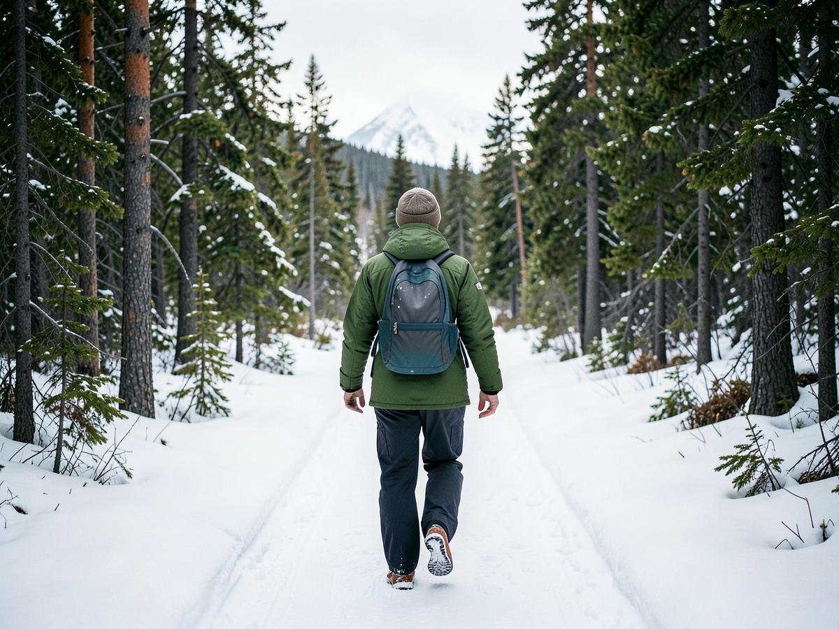 A winter traveler walking through a snowy spruce forest