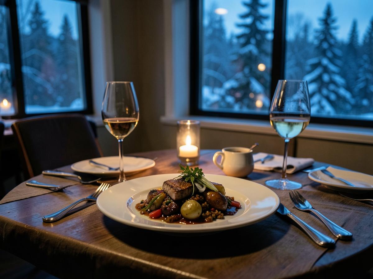 A warmly lit dinner table overlooking a snowy Alaska landscape