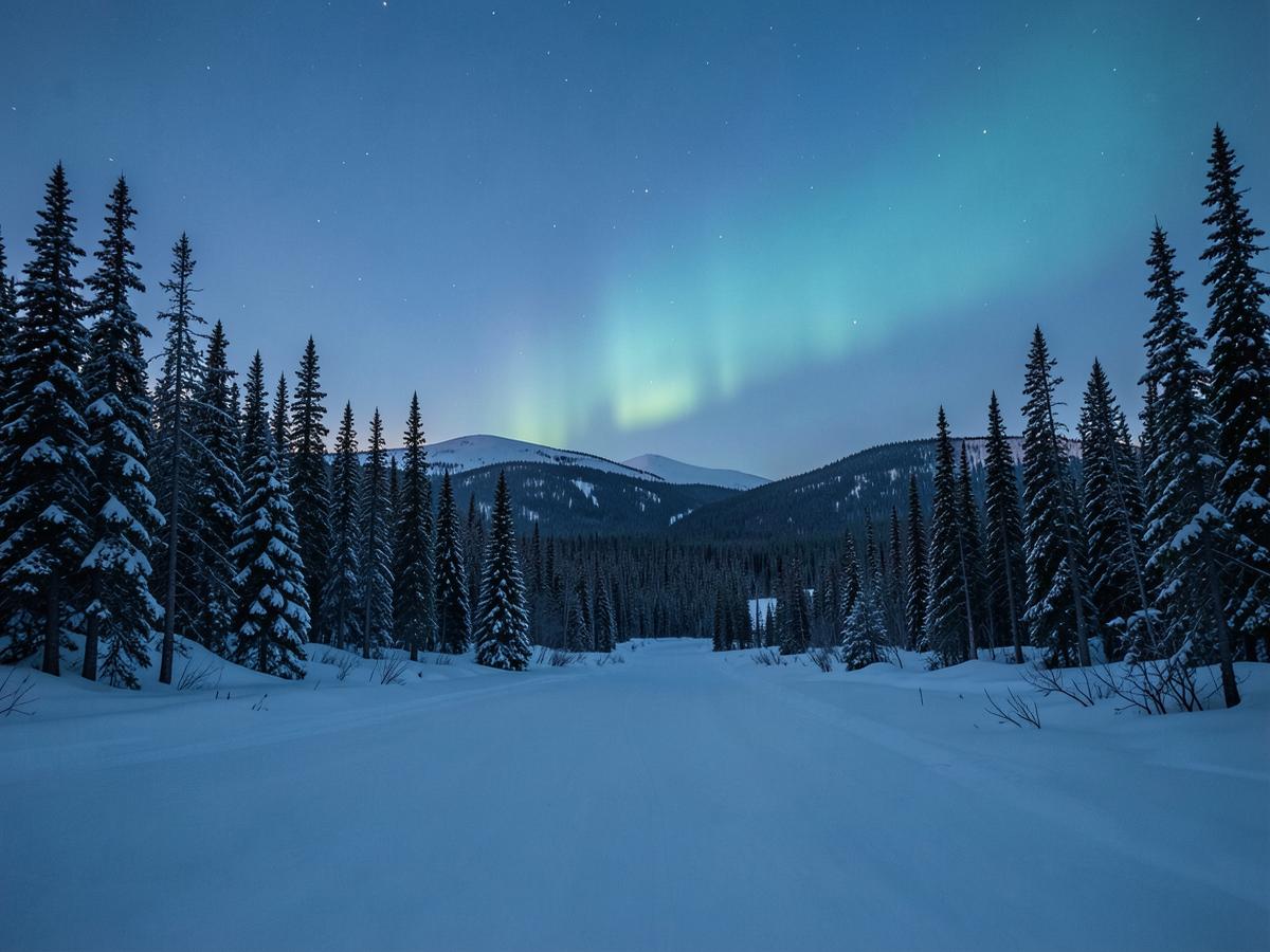 Aurora above a snowy boreal landscape near Fairbanks