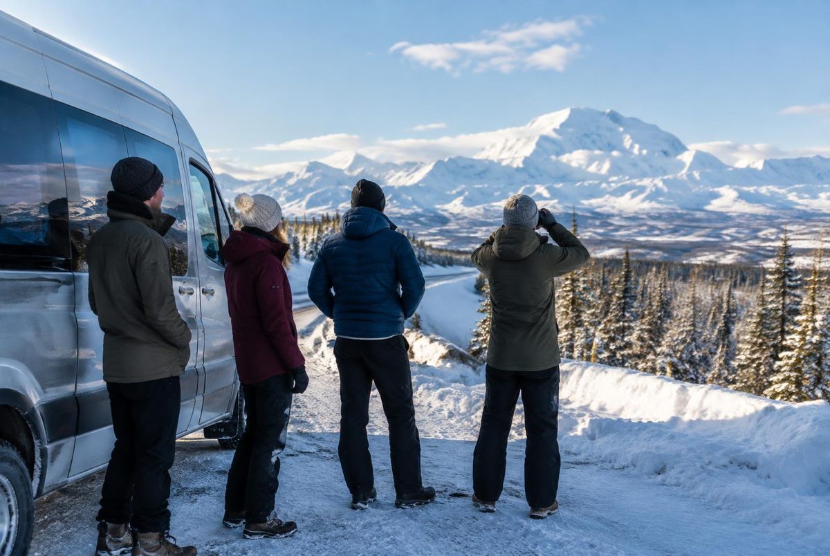 Winter tour group heading toward Denali from Fairbanks